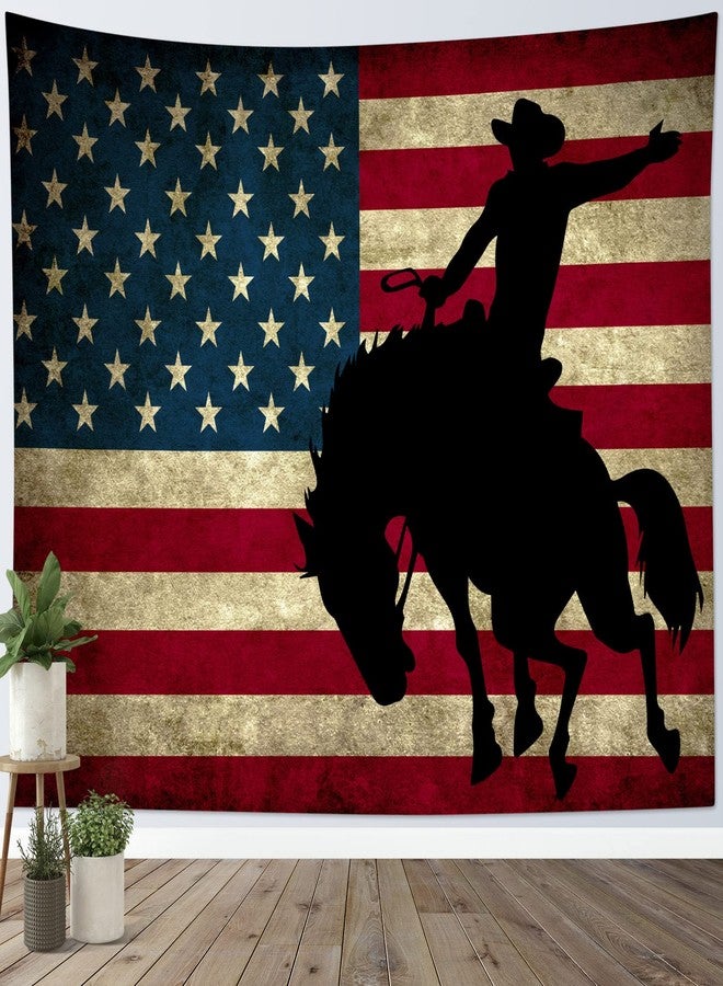 ال بي نسيج جداري بتصميم رعاة البقر الغربي، ونسيج جداري عتيق للعلم الأمريكي، مناسب لغرفة النوم، ونسيج جداري أنيق لرجل على حصان أسود، مناسب لغرفة المعيشة، وديكور جداري لسكن الطلاب، مقاس 60 × 40 بوصة - Image 1