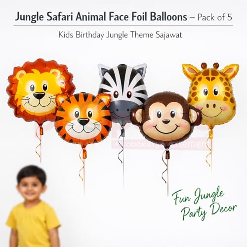 Propsicle Jungle Safari Foil Balloons - (Pack of 5) Animal Faces (Lion, Tiger, Zebra, Monkey, Giraffe) for Kids Birthday Decoration, Jungle Theme Backdrop, Baby Shower, School Events - Image 2