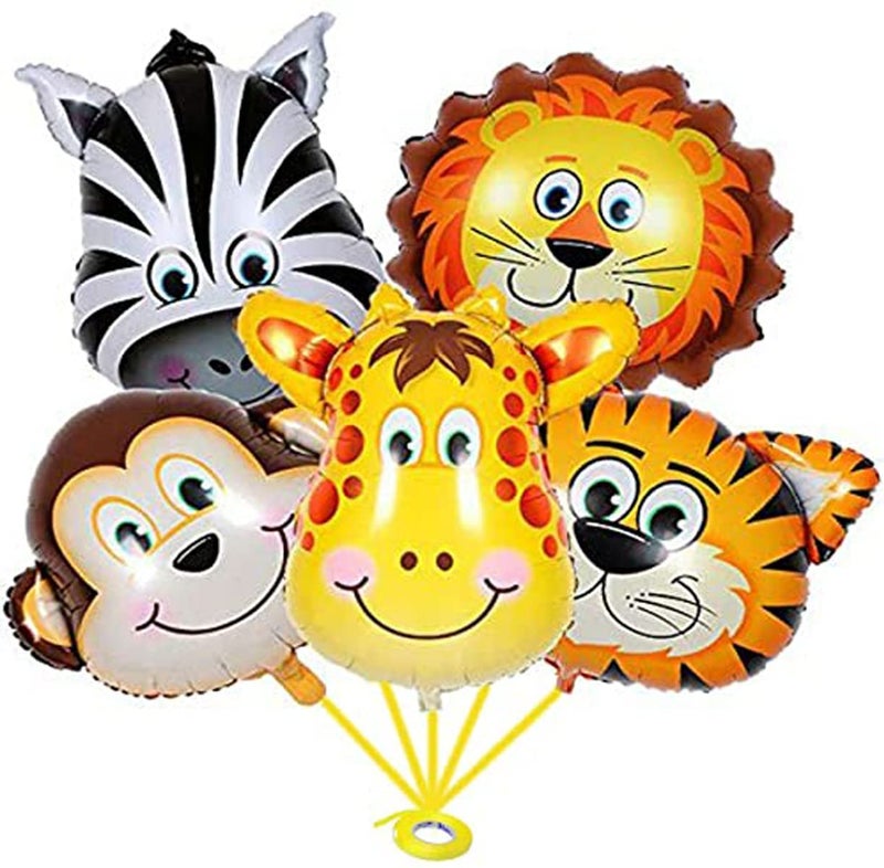 Propsicle Jungle Safari Foil Balloons - (Pack of 5) Animal Faces (Lion, Tiger, Zebra, Monkey, Giraffe) for Kids Birthday Decoration, Jungle Theme Backdrop, Baby Shower, School Events - Image 1