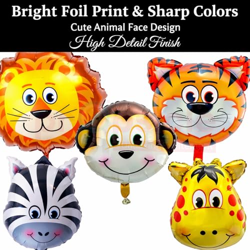 Propsicle Jungle Safari Foil Balloons - (Pack of 5) Animal Faces (Lion, Tiger, Zebra, Monkey, Giraffe) for Kids Birthday Decoration, Jungle Theme Backdrop, Baby Shower, School Events - Image 3
