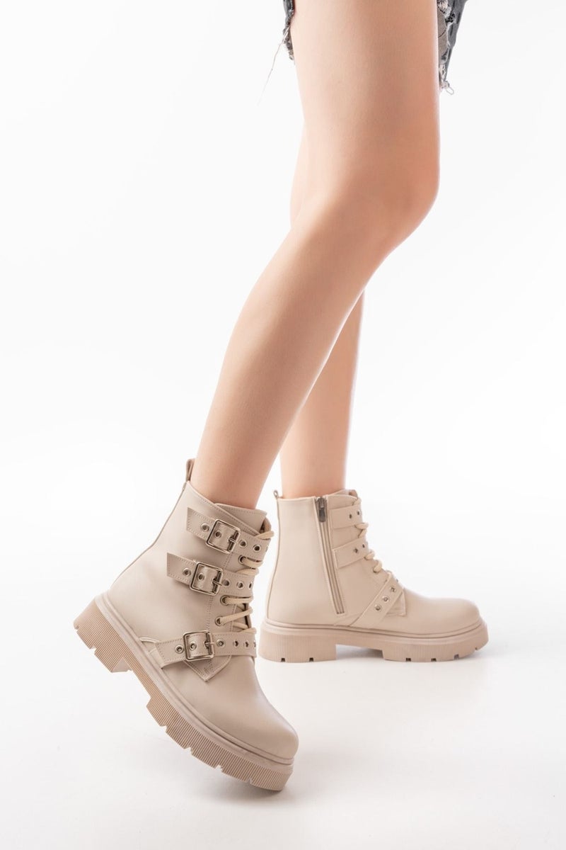Kaite 508-3039 Beige Buckle Accessory Zippered Casual Women's Boots  - Image 1