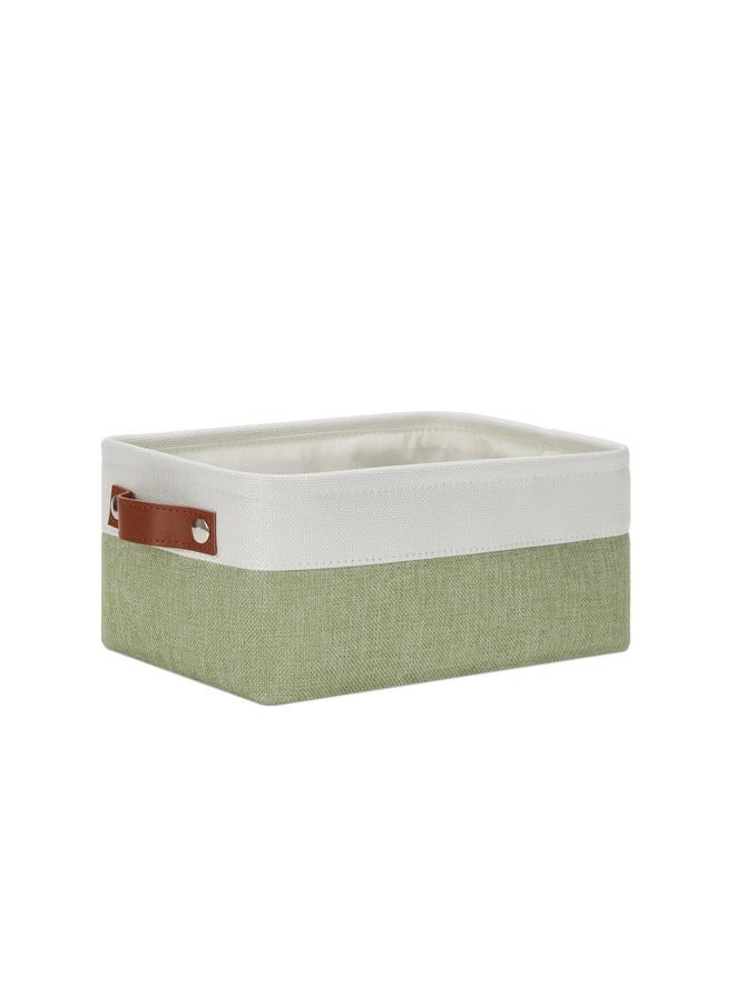 DULLEMELO Small Storage Basket, Fabric Collapsible Gift Storage Basket for Shelves, Closets, Nursery, Home, Office Organizing, Small Canvas Linen Rectangular Storage Bin with Handles (White&Green) - Image 1