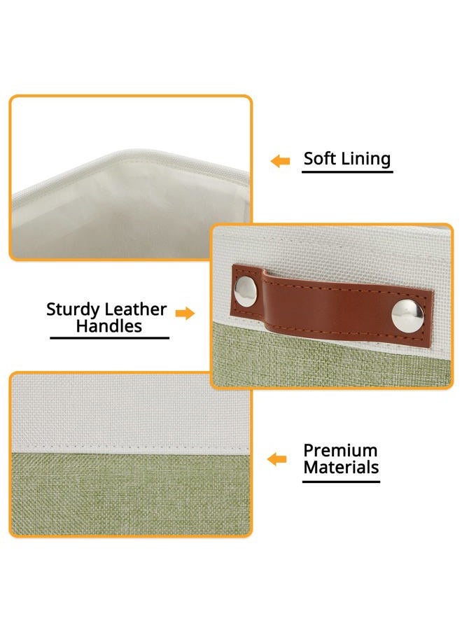 DULLEMELO Small Storage Basket, Fabric Collapsible Gift Storage Basket for Shelves, Closets, Nursery, Home, Office Organizing, Small Canvas Linen Rectangular Storage Bin with Handles (White&Green) - Image 3