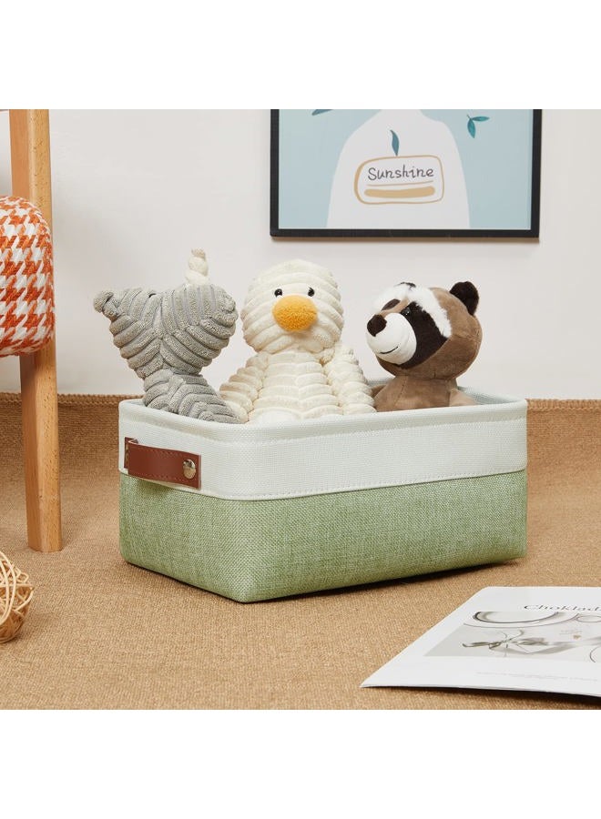 DULLEMELO Small Storage Basket, Fabric Collapsible Gift Storage Basket for Shelves, Closets, Nursery, Home, Office Organizing, Small Canvas Linen Rectangular Storage Bin with Handles (White&Green) - Image 5