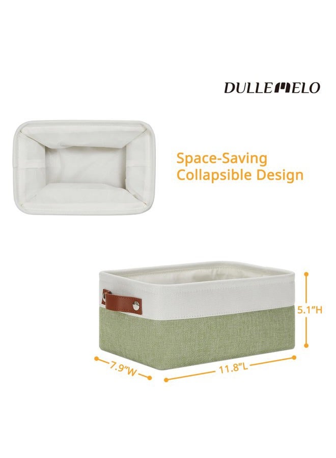 DULLEMELO Small Storage Basket, Fabric Collapsible Gift Storage Basket for Shelves, Closets, Nursery, Home, Office Organizing, Small Canvas Linen Rectangular Storage Bin with Handles (White&Green) - Image 2
