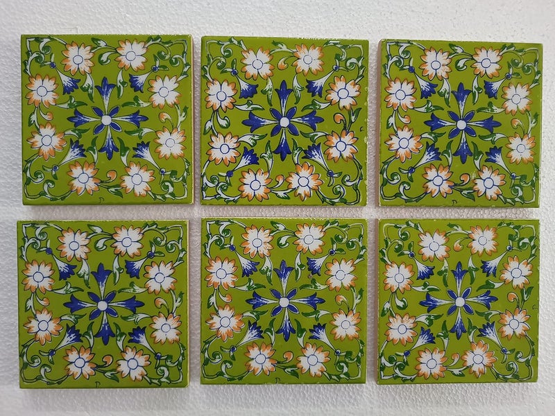Shiv Kripa Blue Pottery Home Decorative Ceramic Wall Hanging Tile Design Flooring Tiles Floral Kitchen Washroom Mosaic Furniture Tile Handmade Backsplash 4 x 4 Inches Tile Green