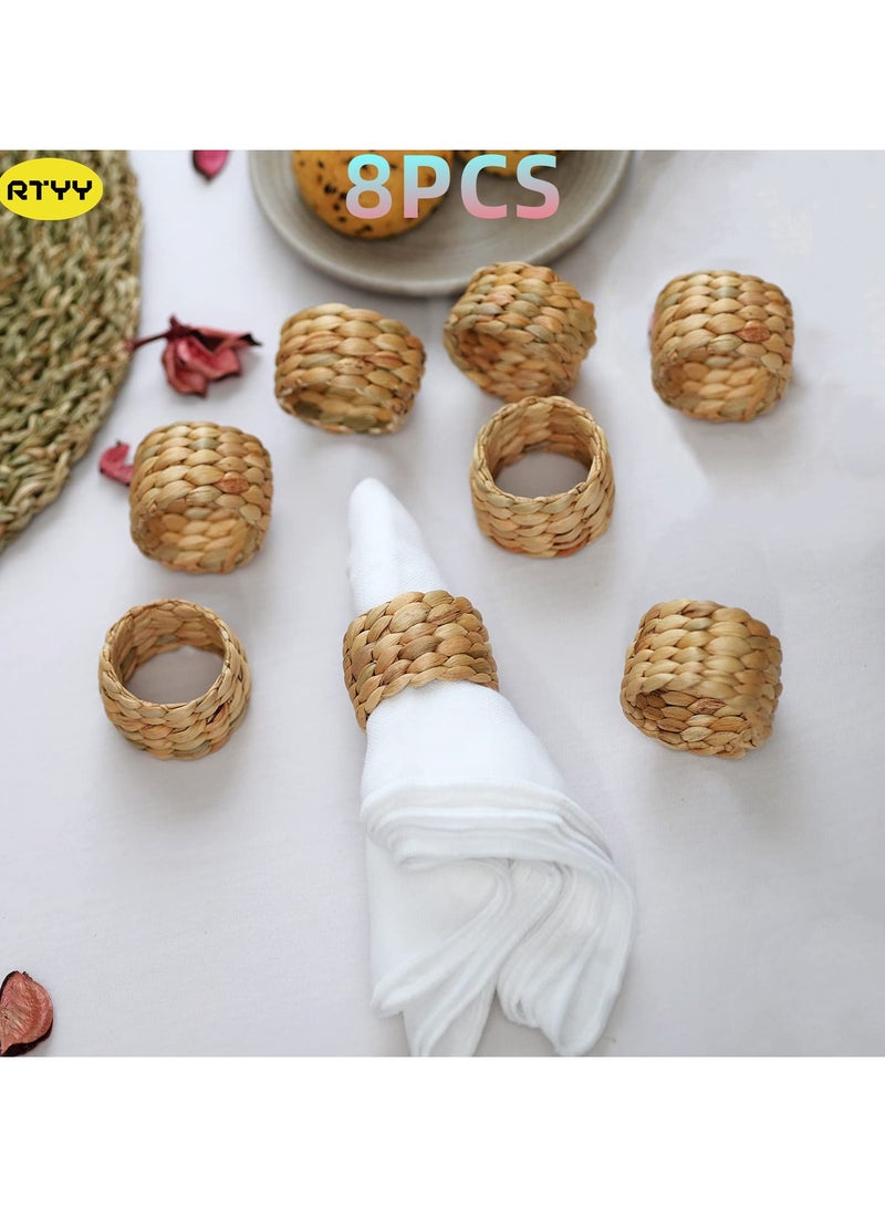 RTYY 8 قطع من حلقات المناديل المنسوجة من زهرة الياسنت المائية، حامل مناديل بتصميم مضفر ريفي، على طراز المزرعة والربيع، حلقات مناديل طبيعية مضفرة مصنوعة يدويًا، حامل مناديل مصنوع يدويًا للحفلات وحفلات الزفاف ومستلزمات تزيين طاولة العشاء - Image 1
