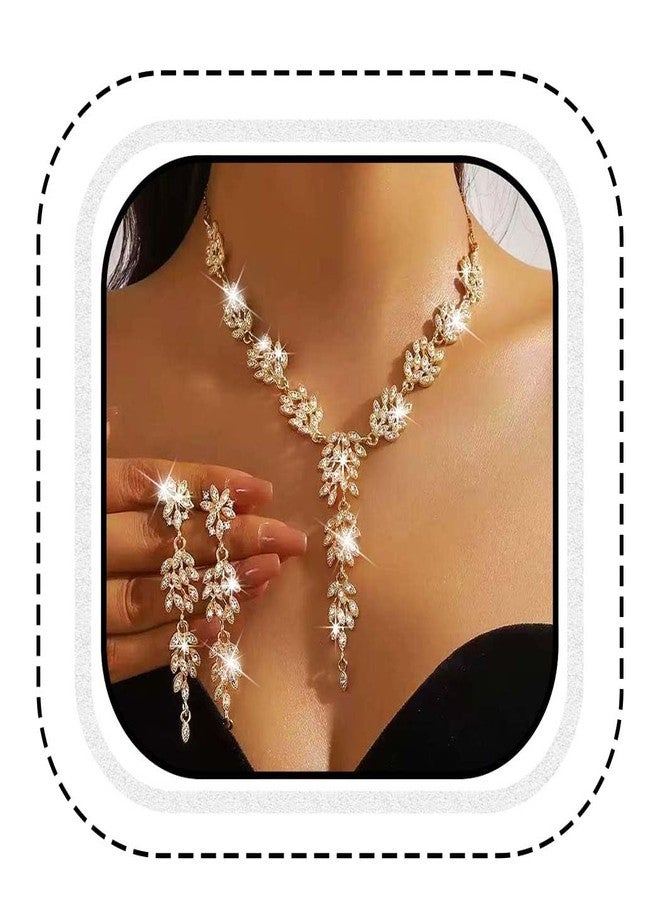 Unicra Gold Rhinestone Necklace Earrings Sets Wedding Jewelry Set Prom Formal Indian Jewelry for Women and Brides (Gold) - Image 1