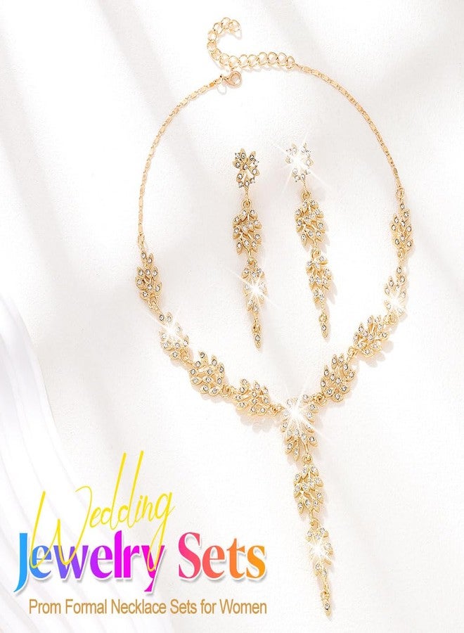 Unicra Gold Rhinestone Necklace Earrings Sets Wedding Jewelry Set Prom Formal Indian Jewelry for Women and Brides (Gold) - Image 2