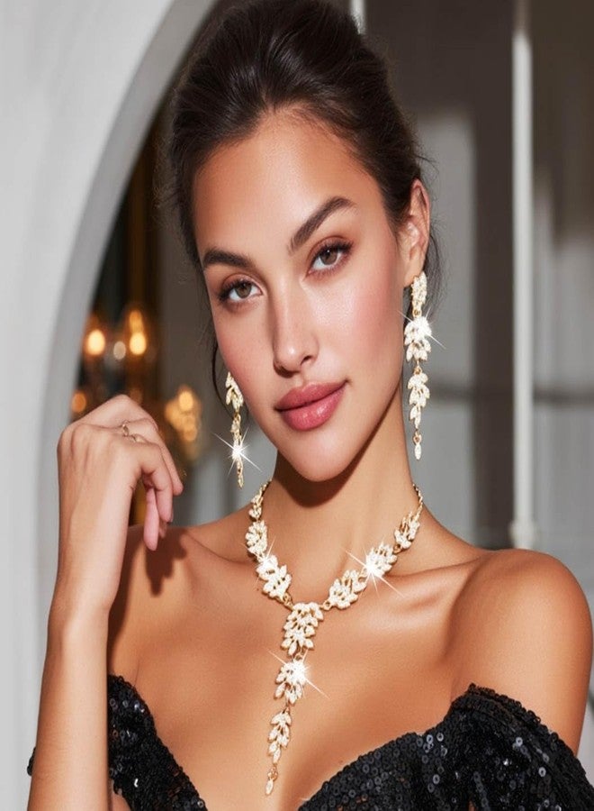 Unicra Gold Rhinestone Necklace Earrings Sets Wedding Jewelry Set Prom Formal Indian Jewelry for Women and Brides (Gold) - Image 3