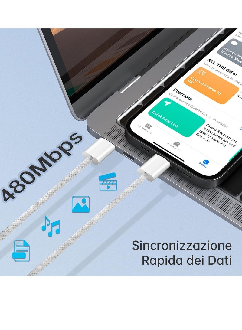 ثسؤشسث كابل بيانات USB-C إلى USB-C، حزمة من 2 قطعة، طول 1 متر، كابل مضفر 60 واط، كابل شحن سريع، كابل تزويد طاقة PD. متوافق مع iPhone 15/15 Pro/15 Plus/15 Pro Max/iPhone 16/16 Plus/16 Pro/16 Pro Max/iPhone 17/17 Pro/17 Air/17 Pro Max/iPad Mini/Pro/MacBook Pro. رمادي | أبيض - Image 4