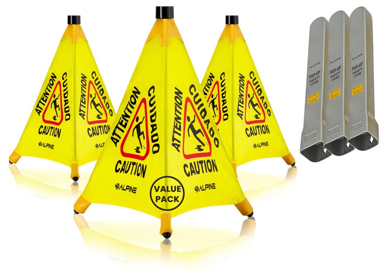 Alpine Caution Wet Floor Sign 3 Pack Pop Up Slippery When Wet Sign Wall Mounted Foldable Bilingual Yellow Safety Warning Caution Cone for Commercial Office Use 20 Inches