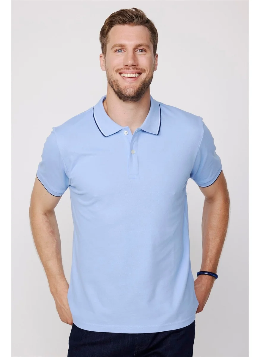 Tudors Men's Polo Neck Slim Fit Collar and Sleeve Striped Pique Blue T-Shirt