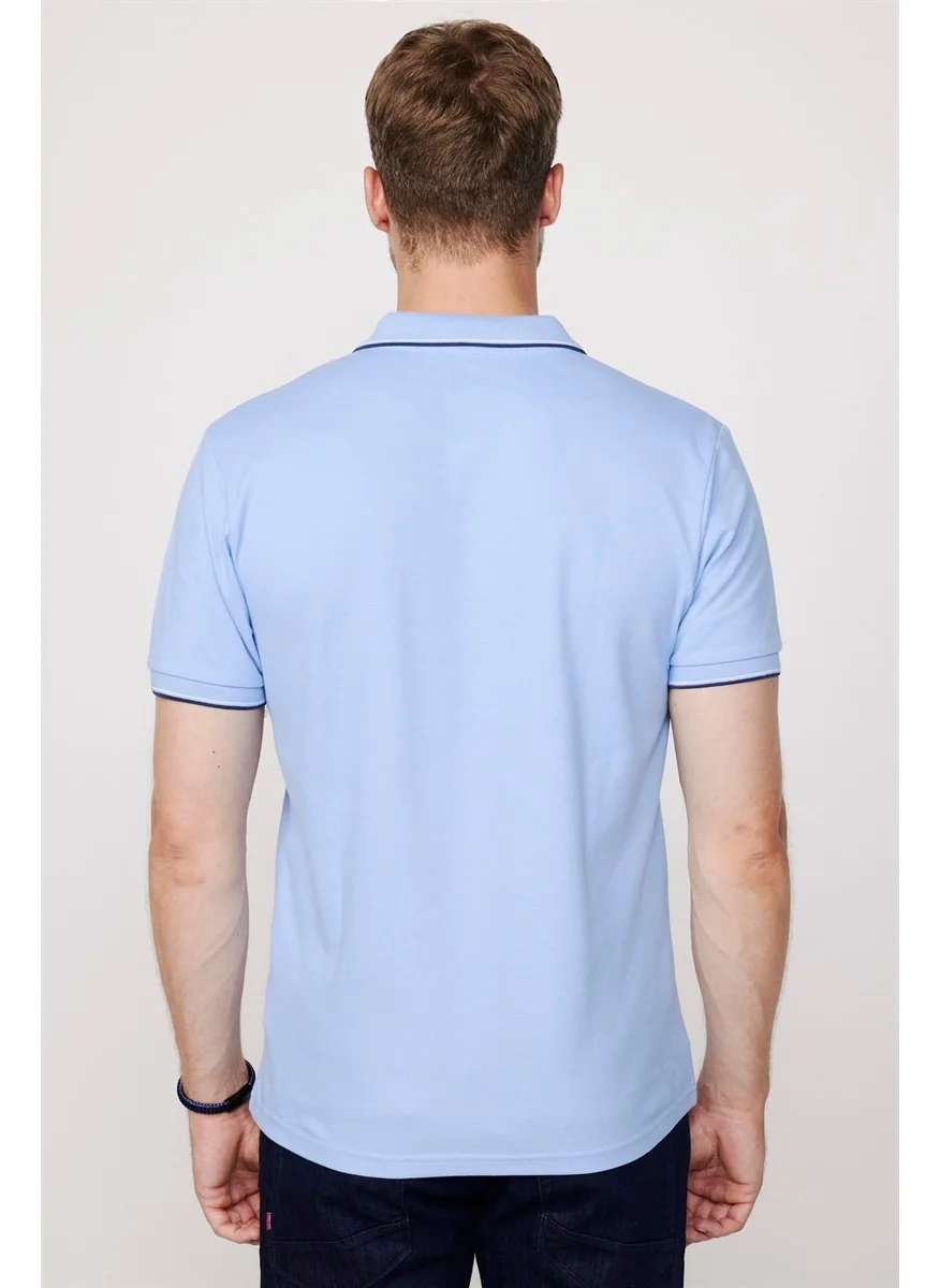 Tudors Men's Polo Neck Slim Fit Collar and Sleeve Striped Pique Blue T-Shirt