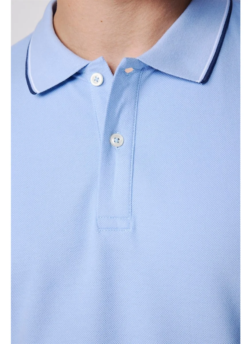 Tudors Men's Polo Neck Slim Fit Collar and Sleeve Striped Pique Blue T-Shirt