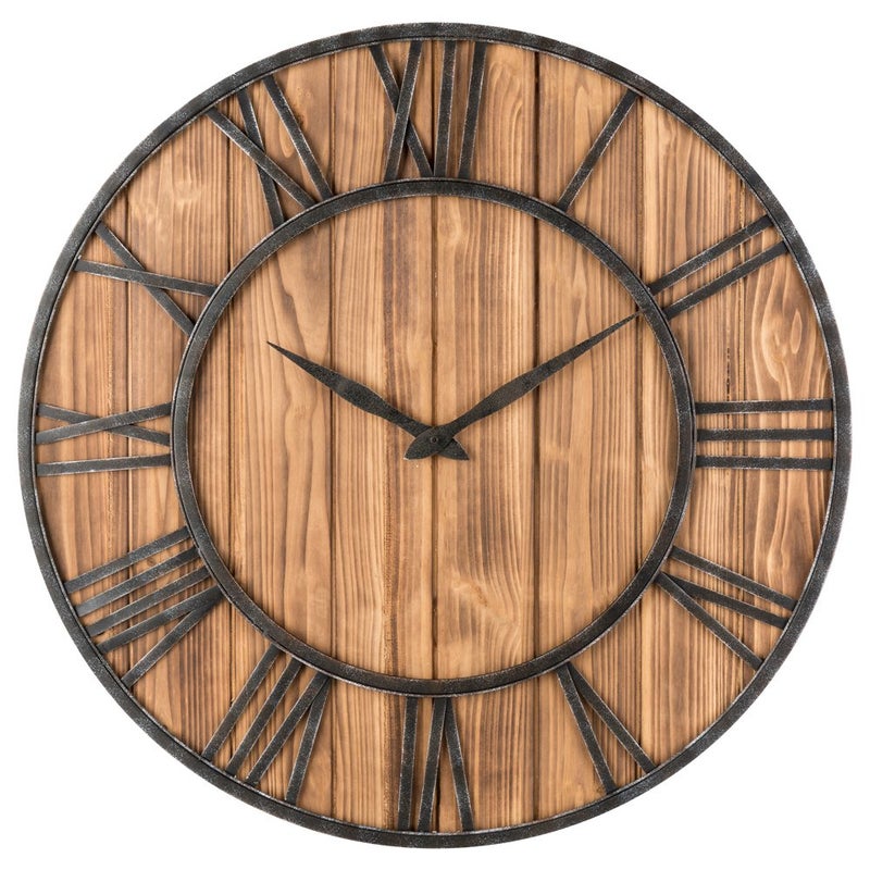 Oldtown Clocks Oldtown Rustic Farmhouse Metal  Solid Wood Noiseless Wall Clock Wood 30inch 