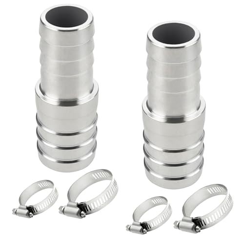 Yoebor Stainless Steel 304 Reducer Hose Barb Union Fitting, 1-1/4" Barbed x 3/4" Barbed Coupling W/4 Hose Clamps, Pack of 2 - Image 1