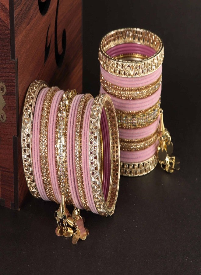 ZULKA Trendy Velvet Bridal Chuda Set With Zircon Gemstone & Beads and Linked With Latkan | AD Chuda Set | Wedding Kada Set | Bangles For Women - Set of 46 (ZU_BridalChuda-2_Latkan-Gold-Pink-2.4) - Image 4