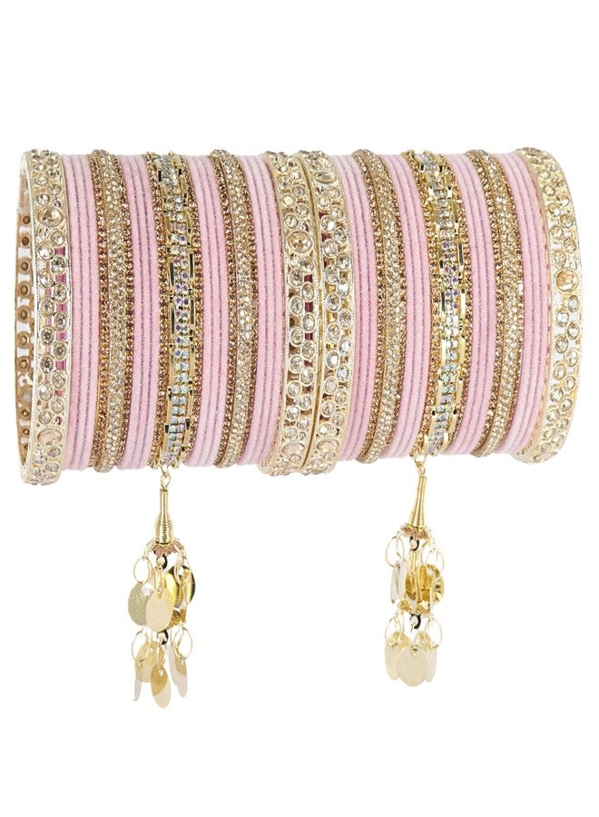 ZULKA Trendy Velvet Bridal Chuda Set With Zircon Gemstone & Beads and Linked With Latkan | AD Chuda Set | Wedding Kada Set | Bangles For Women - Set of 46 (ZU_BridalChuda-2_Latkan-Gold-Pink-2.4) - Image 2