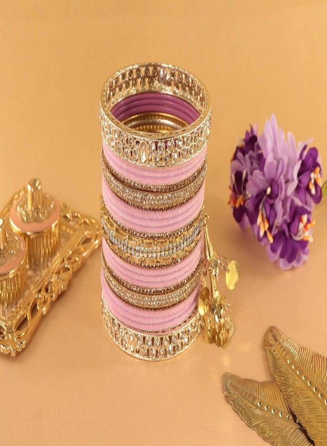 ZULKA Trendy Velvet Bridal Chuda Set With Zircon Gemstone & Beads and Linked With Latkan | AD Chuda Set | Wedding Kada Set | Bangles For Women - Set of 46 (ZU_BridalChuda-2_Latkan-Gold-Pink-2.4) - Image 5