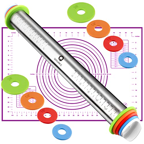Rolling Pin and Pastry Baking Mat Set Rolling Pins with Adjustable Thickness Rings Stainless Steel Dough Roller for Baking Fondant Pizza Pie Pastry Pasta Cookies Purple