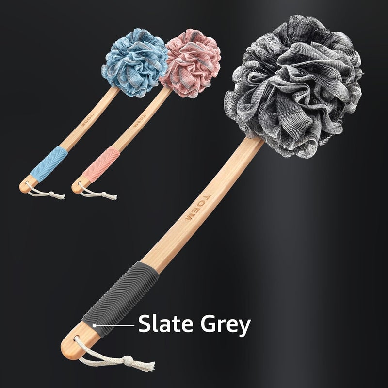 toem ® Loofah Back Scrubber for Shower | Bamboo Charcoal Fiber Infused | Loufas for Men & Women | Includes 1 Long Handled Shower Sponge, 1 Bath & Shower Luffa Pouf & 1 Hook to Hang Stuff (Slate Grey) - Image 2
