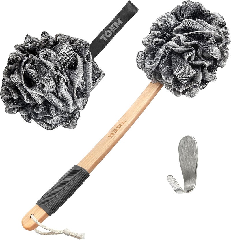 toem ® Loofah Back Scrubber for Shower | Bamboo Charcoal Fiber Infused | Loufas for Men & Women | Includes 1 Long Handled Shower Sponge, 1 Bath & Shower Luffa Pouf & 1 Hook to Hang Stuff (Slate Grey) - Image 1