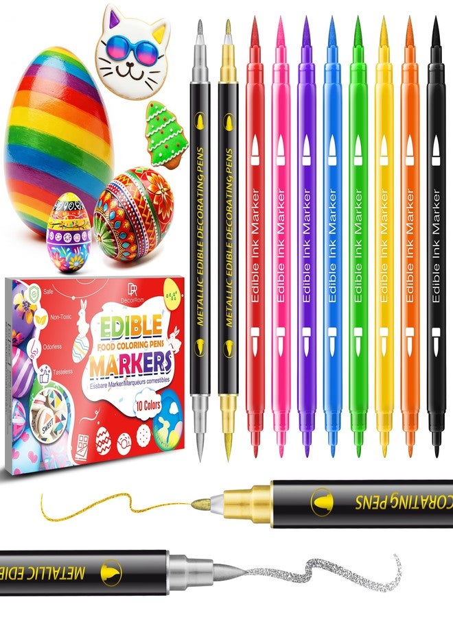 DecorRom Edible Markers for Cookie Decorating, 10Pcs Food Coloring Pens Double Side Food Grade Edible Pens with Fine & Thick Tip for Cakes, Easter Eggs, Fondant, Cookies, Frosting, Painting, Baking, Macarons - Image 1
