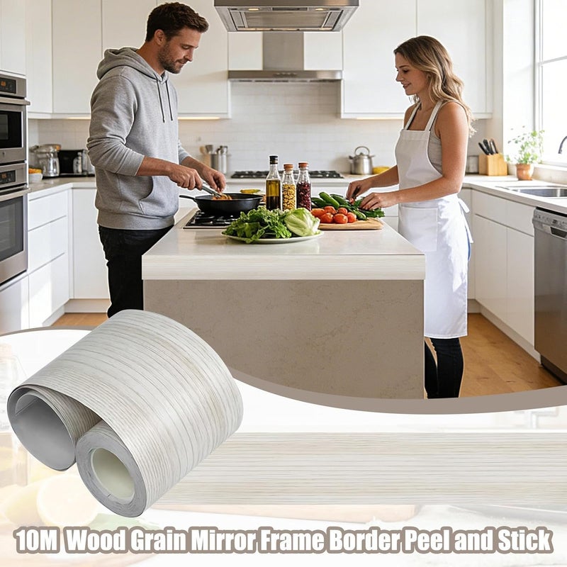 Mirror Frame Border - 10m Wood Grain Sticker Trim, Self-Adhesive Bathroom Mirror Kit, Waterproof Molding Edge | Decorative Wall Decal Line For Kitchen Shower Toilet Home Room Interior Design - Image 2
