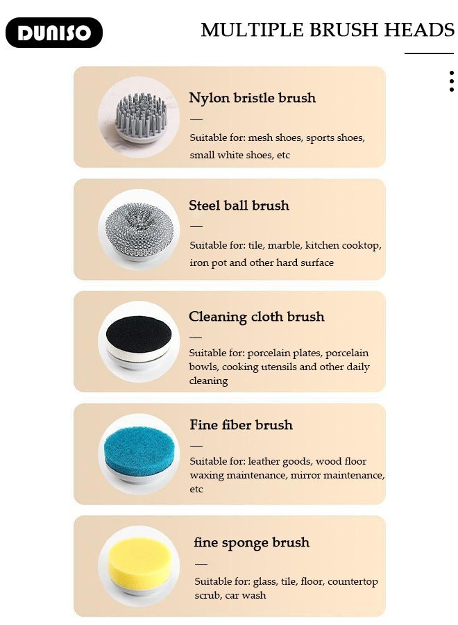DUNISO Cordless Electric Cleaning Brush, Household Electric Spin Scrubber, Portable Rechargeable Cleaning Brush with 5 Replaceable Brush Heads, Handheld Shower Cleaner Brush for Cleaning Kitchen, Window, Sink, Dish, Grout, Wall, Bathtub  - Image 3