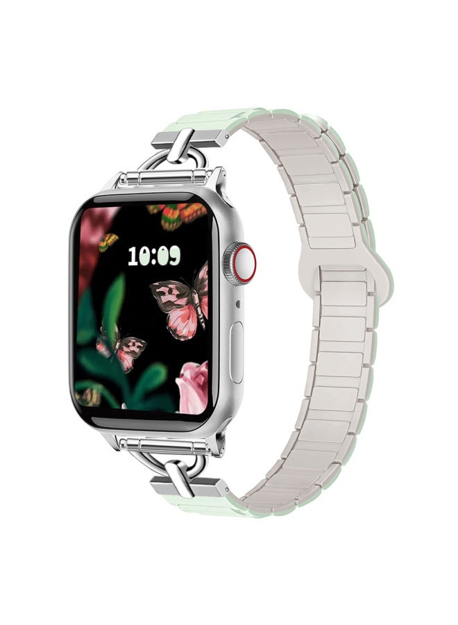 Suitable For Apple Watch For ApplewatchS10 Magnetic Two-color Small Waist Silicone Strap Girls 2025 New-Color:38/40/41/s10(42)light Mint With Starlight  - Image 1