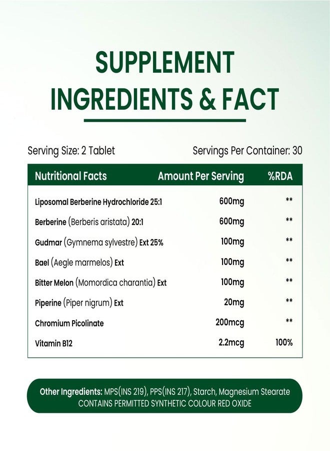 Himalayan organics Vlado's Himalayan Organics Liposomal Berberine HCL+ 1500mg+ with Piperine, Chromium , Bitter Melon, Bael, Gudmar & Vitamin B12 |For Metabolism, Hormonal Balance, Healthy Blood Sugar & Cholesterol Levels | 60 Veg Tablets - Image 2