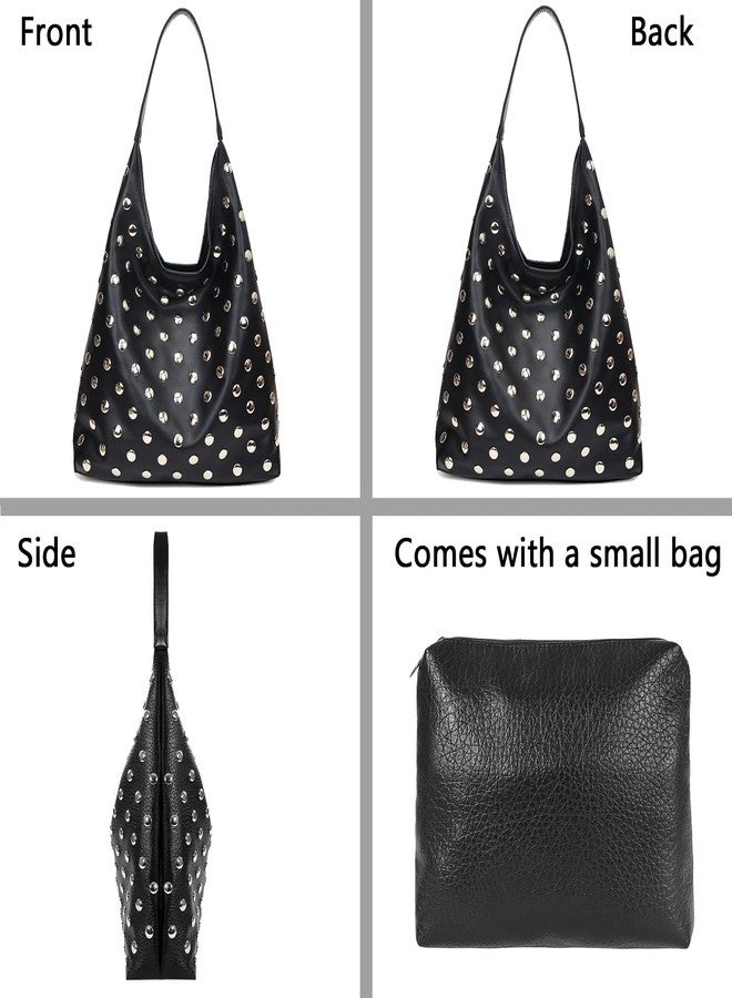 Geelyda Tote Bag for Women Studded Hobo Bag Soft Vegan Leather Shoulder Handbag Large Slouchy Purses, Studded Pitch Black, Medium - Image 4