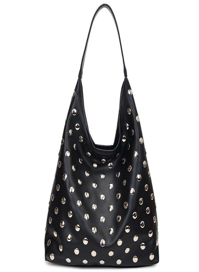 Geelyda Tote Bag for Women Studded Hobo Bag Soft Vegan Leather Shoulder Handbag Large Slouchy Purses, Studded Pitch Black, Medium - Image 1