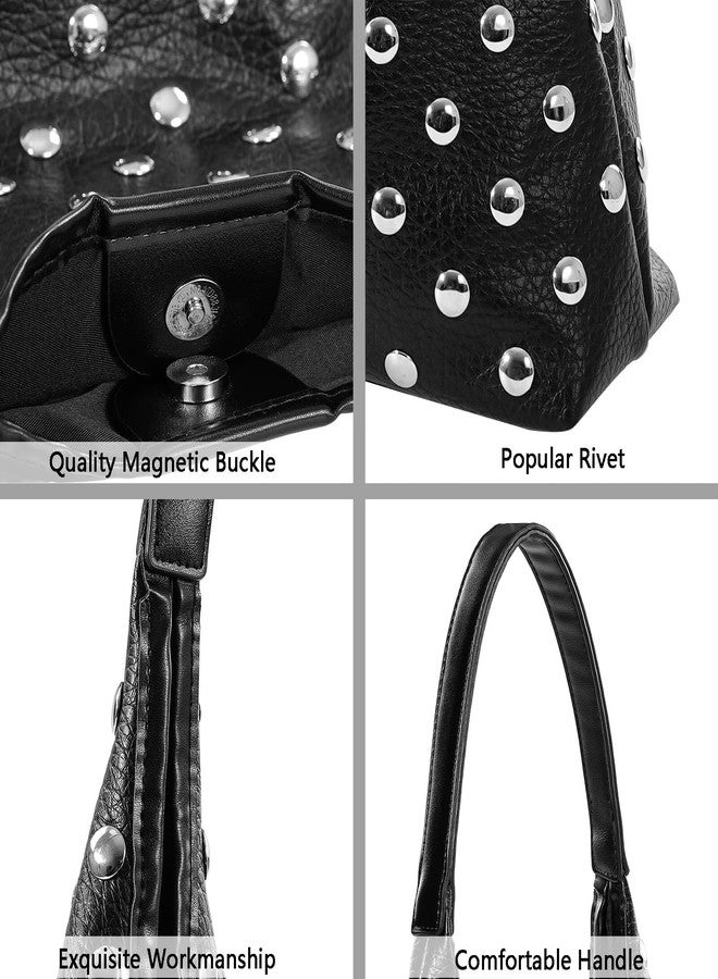 Geelyda Tote Bag for Women Studded Hobo Bag Soft Vegan Leather Shoulder Handbag Large Slouchy Purses, Studded Pitch Black, Medium - Image 5