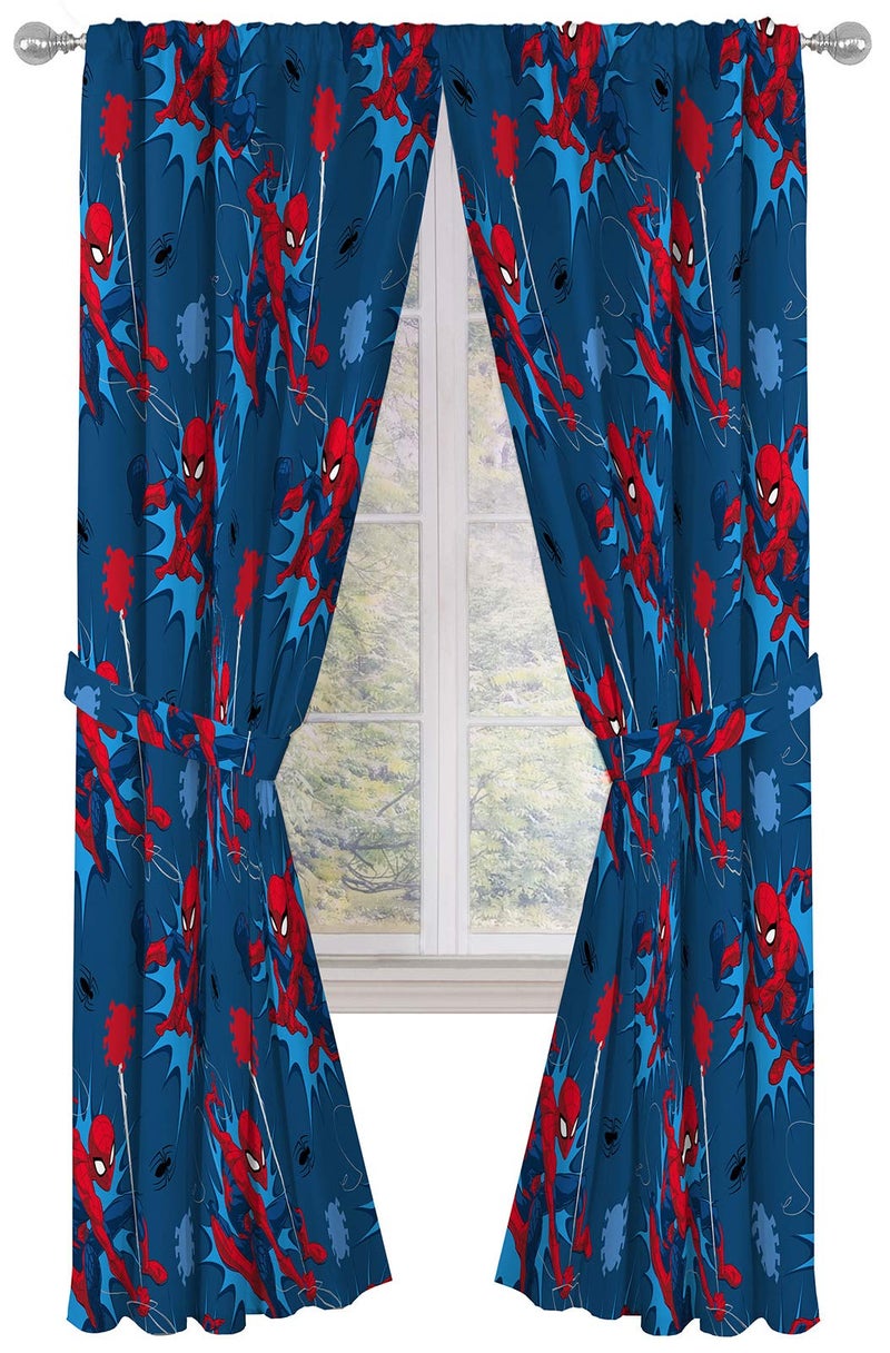 Jay Franco Kids Window Drapes - 4 Piece Curtain Set Includes 2 Tiebacks, Beautiful Bedding Room DÃ©cor and Easy Set Up, Blue - Spiderman, 84 Inch - Image 1