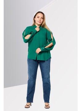 Karl Lagerfeld Women Spread Collar Long Sleeve Solid Blouse, Green  - Image 2