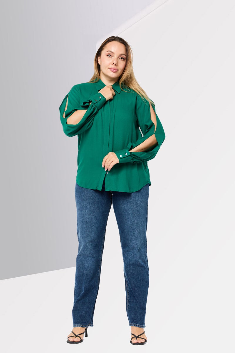 Karl Lagerfeld Women Spread Collar Long Sleeve Solid Blouse, Green  - Image 2