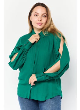 Karl Lagerfeld Women Spread Collar Long Sleeve Solid Blouse, Green  - Image 1