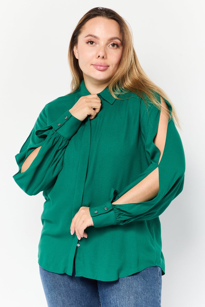 Karl Lagerfeld Women Spread Collar Long Sleeve Solid Blouse, Green  - Image 1