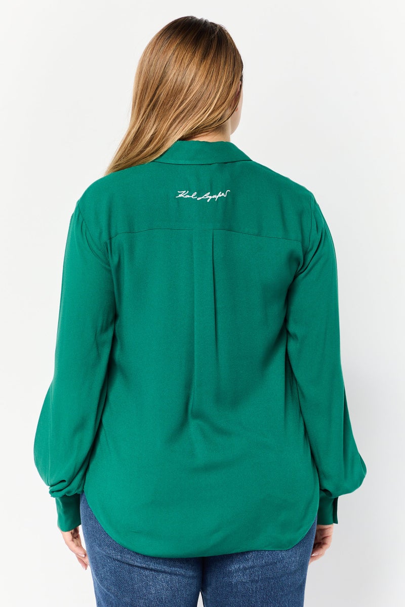Karl Lagerfeld Women Spread Collar Long Sleeve Solid Blouse, Green  - Image 4