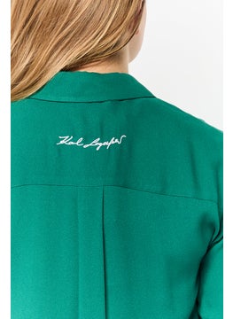 Karl Lagerfeld Women Spread Collar Long Sleeve Solid Blouse, Green  - Image 3