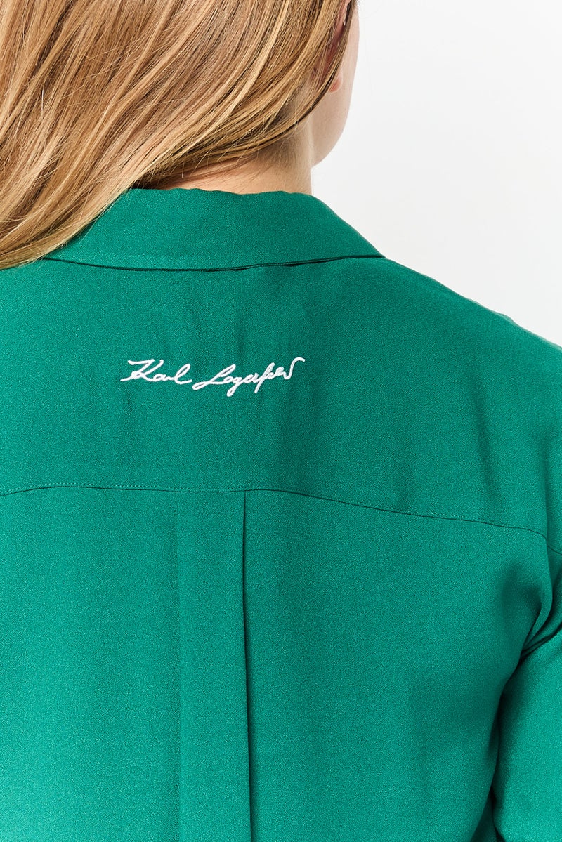 Karl Lagerfeld Women Spread Collar Long Sleeve Solid Blouse, Green  - Image 3