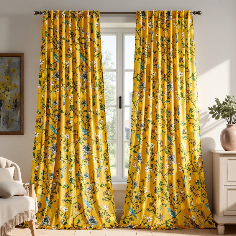 MUSSEL Mustard Yellow Luxury Velvet Floral Curtains 84 inches for Living Room,Vintage Victorian Botanical Blackout Curtain Drapes,2 Panels Mid Century Art Deco Bird Flower Window Curtains for Bedroom - Image 1