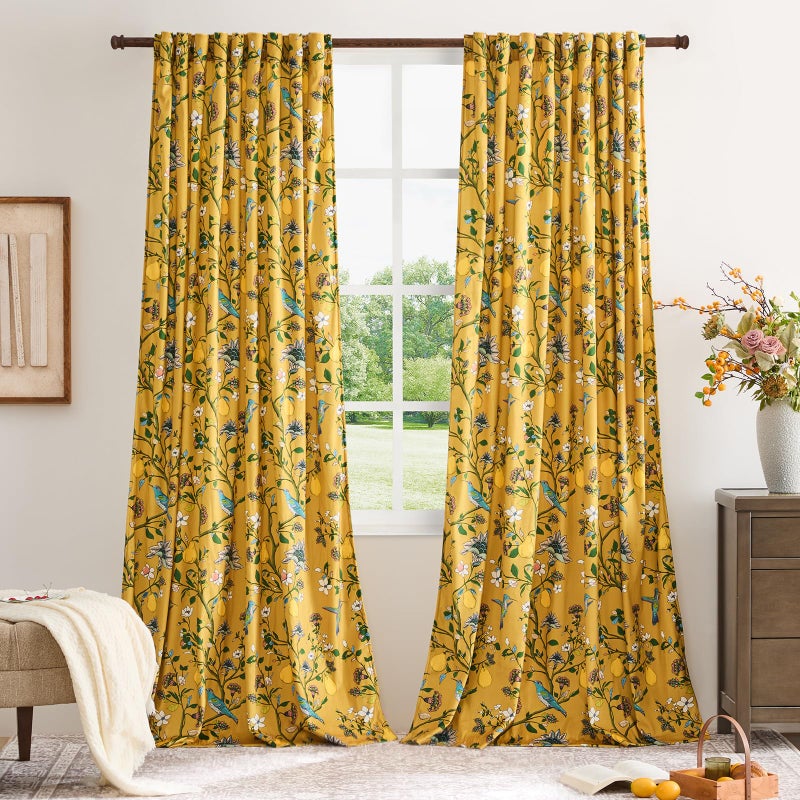 MUSSEL Mustard Yellow Luxury Velvet Floral Curtains 84 inches for Living Room,Vintage Victorian Botanical Blackout Curtain Drapes,2 Panels Mid Century Art Deco Bird Flower Window Curtains for Bedroom - Image 5