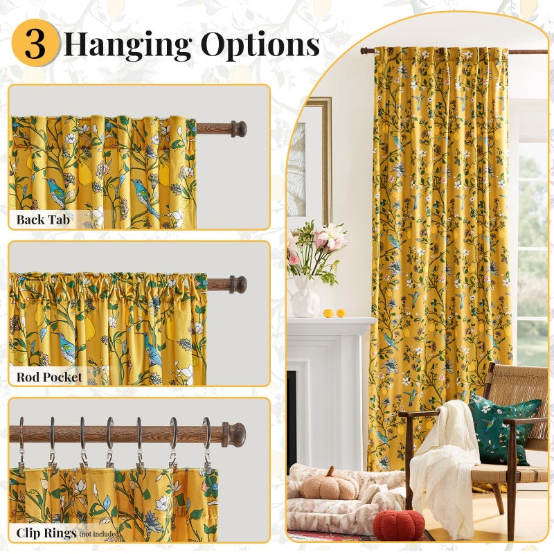 MUSSEL Mustard Yellow Luxury Velvet Floral Curtains 84 inches for Living Room,Vintage Victorian Botanical Blackout Curtain Drapes,2 Panels Mid Century Art Deco Bird Flower Window Curtains for Bedroom - Image 2