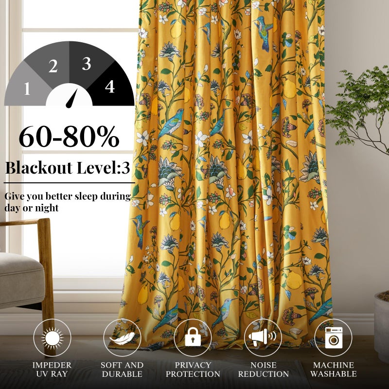 MUSSEL Mustard Yellow Luxury Velvet Floral Curtains 84 inches for Living Room,Vintage Victorian Botanical Blackout Curtain Drapes,2 Panels Mid Century Art Deco Bird Flower Window Curtains for Bedroom - Image 3