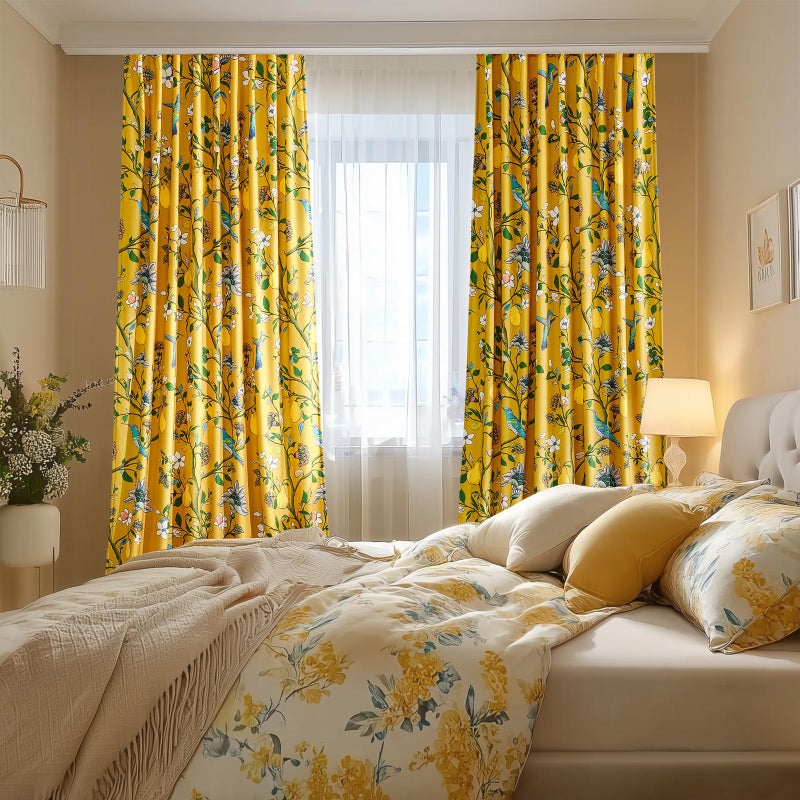 MUSSEL Mustard Yellow Luxury Velvet Floral Curtains 84 inches for Living Room,Vintage Victorian Botanical Blackout Curtain Drapes,2 Panels Mid Century Art Deco Bird Flower Window Curtains for Bedroom - Image 2
