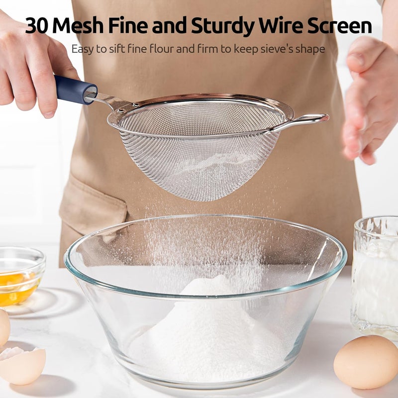 U-Taste 12cm Wide Mesh Strainer: 18/8 Stainless Steel 30-Mesh Fine Food Sieve with Upgraded Heavy Duty Riveted Silicone Handle, 6.5cm Deep Metal Kitchen Colander for Baking, Rice, Flour(Midnight Blue) - Image 4