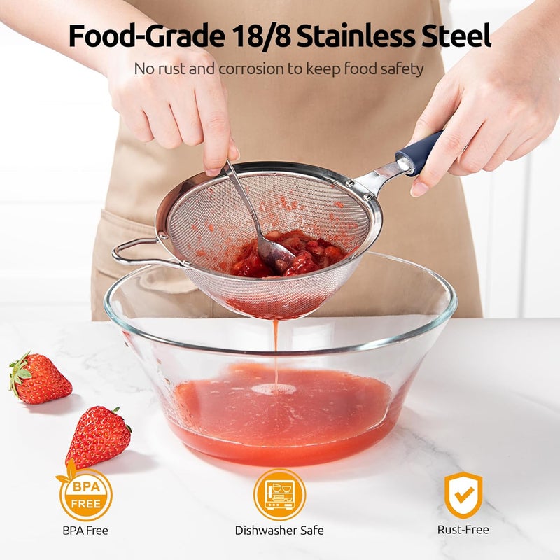 U-Taste 12cm Wide Mesh Strainer: 18/8 Stainless Steel 30-Mesh Fine Food Sieve with Upgraded Heavy Duty Riveted Silicone Handle, 6.5cm Deep Metal Kitchen Colander for Baking, Rice, Flour(Midnight Blue) - Image 2